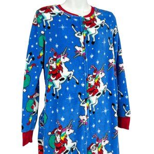 Christmas Pajama One Piece Dropseat Medium Santa Unicorn Don't Stop Believing